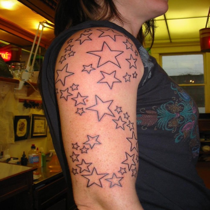 Outline Star Tattoos On Right Half Sleeve