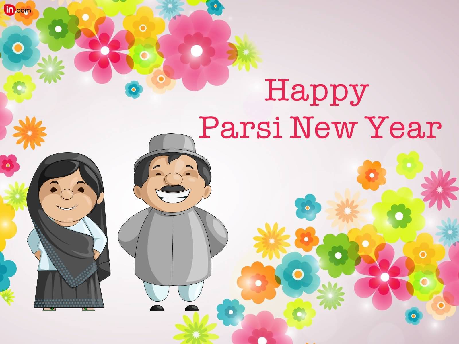 Parsi Couple Wishing You Happy Parsi New Year Colorful Flowers In Background