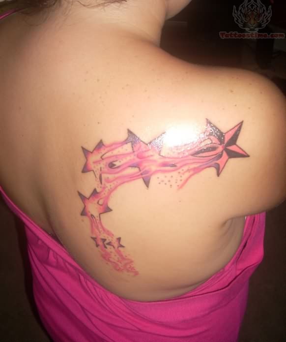Pink Nautical Star Tattoos On Girl Back Shoulder