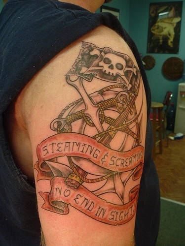Pirate Anchor With Flag And Banner Tattoo On Right Shoulder