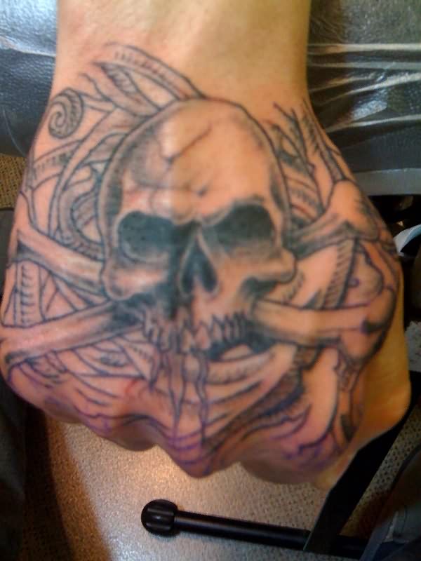 Pirate Skull With Crossbone Tattoo On Right Hand