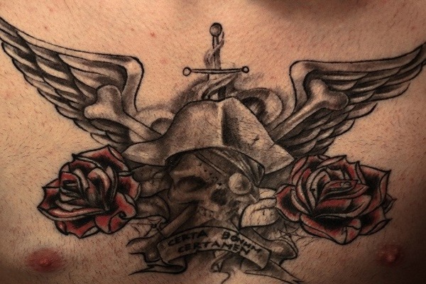 Pirate Skull With Wings And Roses Tattoo On Man Chest