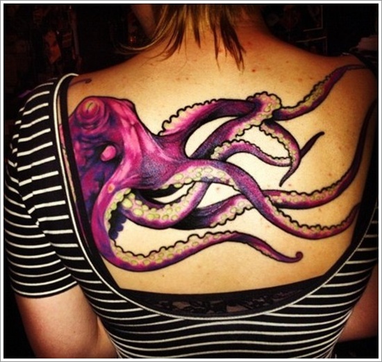 Purple Ink Octopus Tattoo On Girl Upper Back