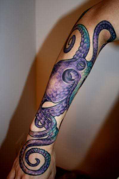 Purple Ink Octopus Tattoo On Women Right Forearm