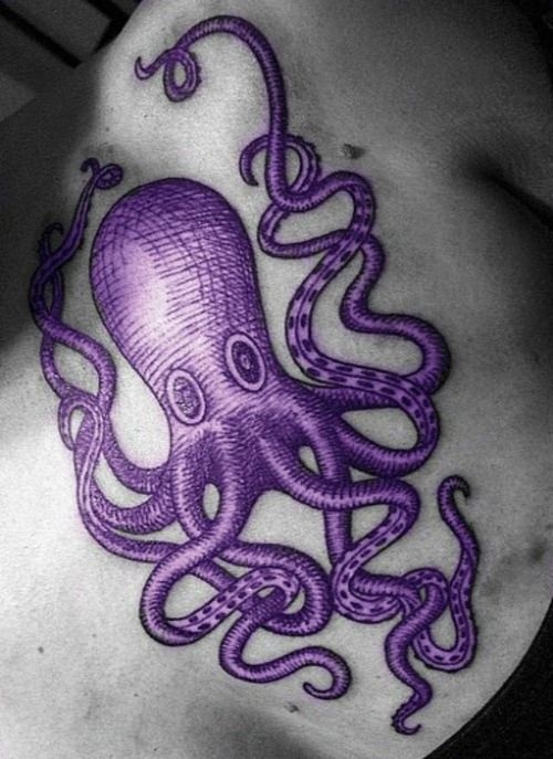 Purple Ink Realistic Octopus Tattoo Design For Front Shoulder