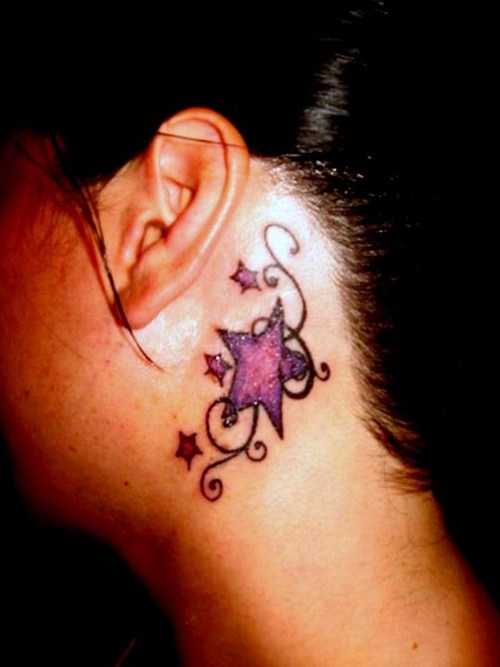 Purple Ink Star Tattoos Behind Ear