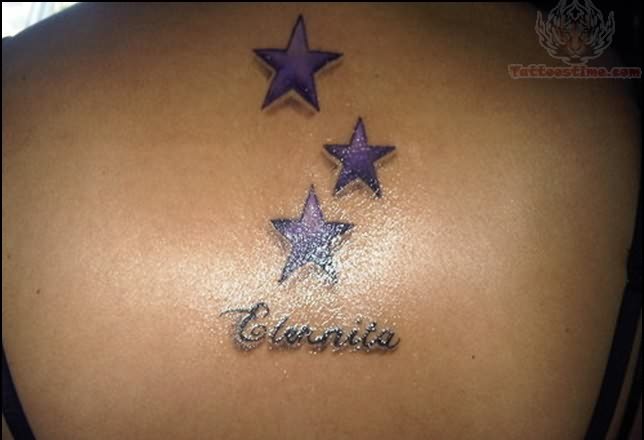 Purple Ink Star Tattoos On Upper Back