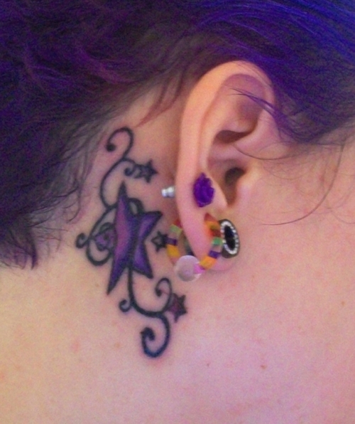 Purple Star Tattoo Behind Ear