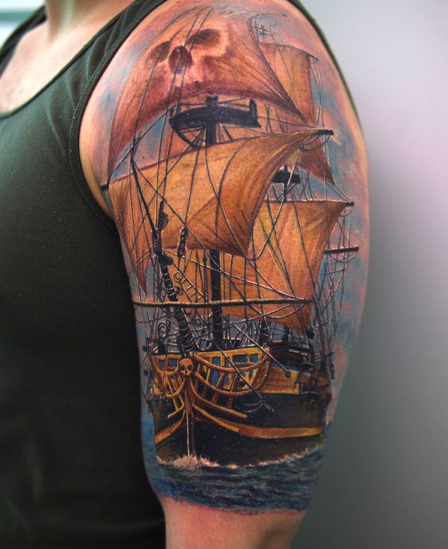 Realistic 3D Pirate Ship Tattoo On Man Left Half Sleeve By Cris Gherman
