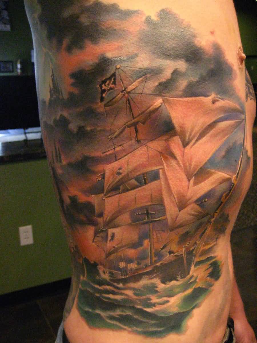 Realistic 3D Pirate Ship Tattoo On Man Right Side Rib