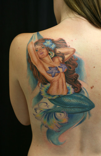 Realistic Beautiful Mermaid Tattoo On Girl Left Back Shoulder