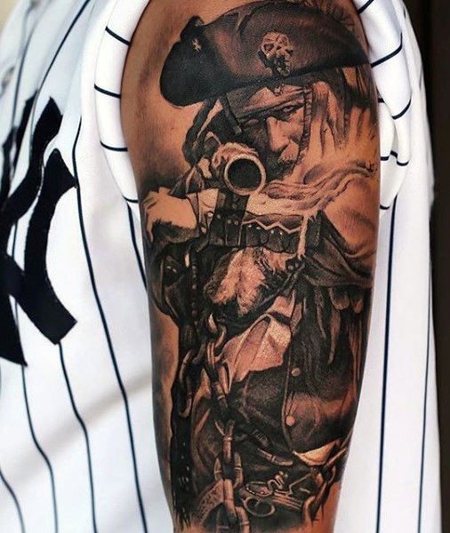 Realistic Black And Grey Pirate Tattoo On  Left Half Sleeve