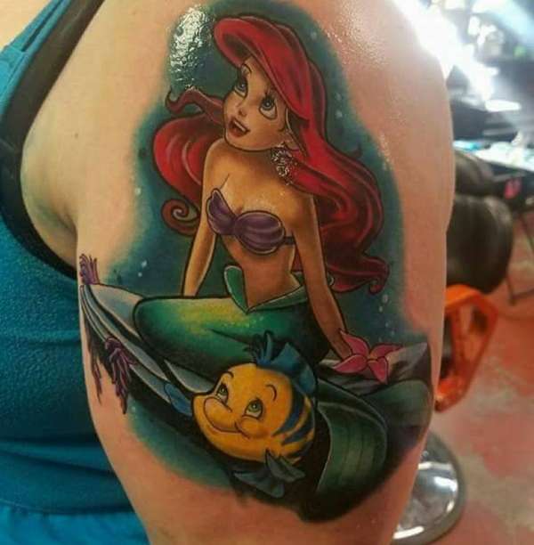 Realistic Little Mermaid With Fish Tattoo On Left Shoulder