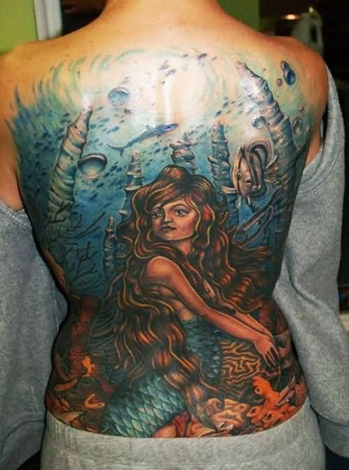 Realistic Mermaid Tattoo On Full Back