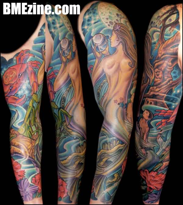 Realistic Mermaid Tattoo On Full Sleeve