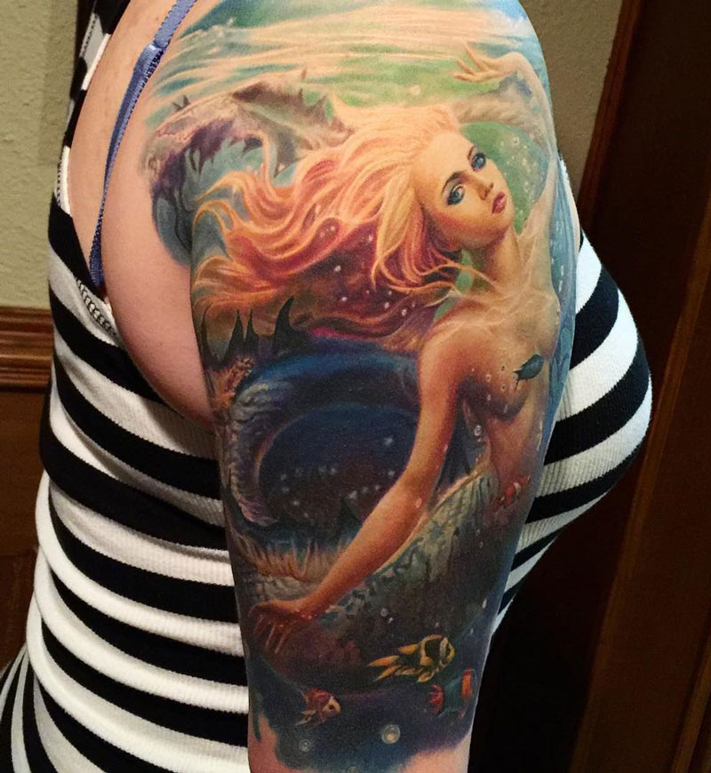 Realistic Mermaid Tattoo On Girl Right Half Sleeve