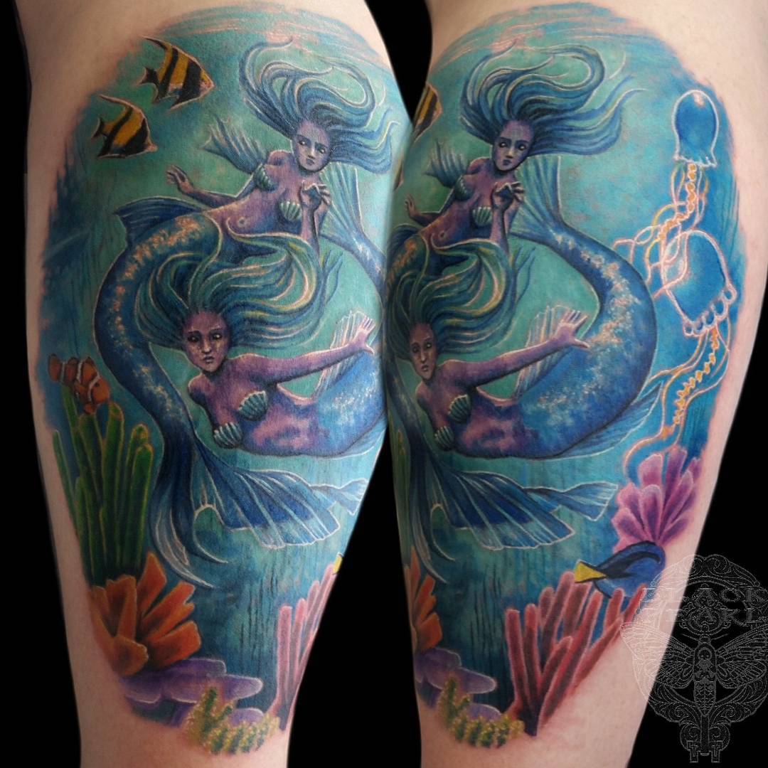 Realistic Neo Mermaids Tattoo Design For Leg Calf