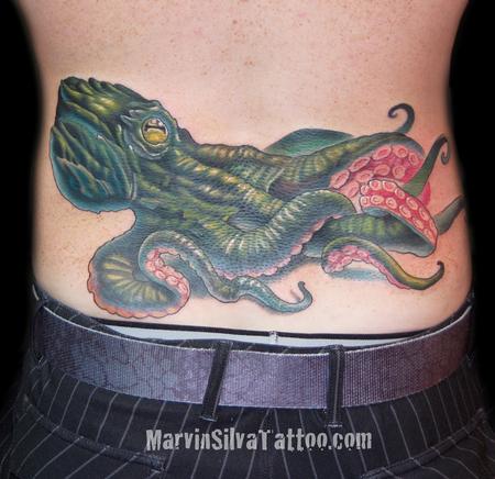Realistic Octopus Tattoo On Lower Back