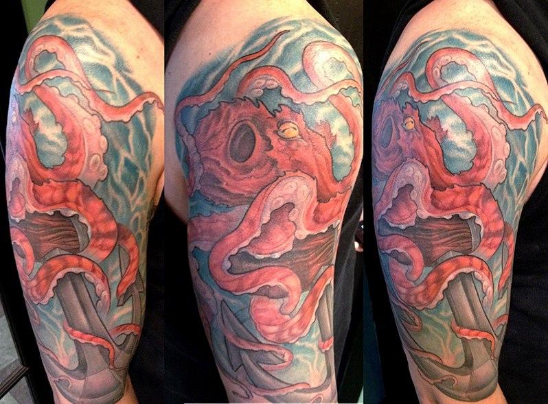 Realistic Octopus With Anchor Tattoo On Right Half Sleeve By Mikeboissoneault