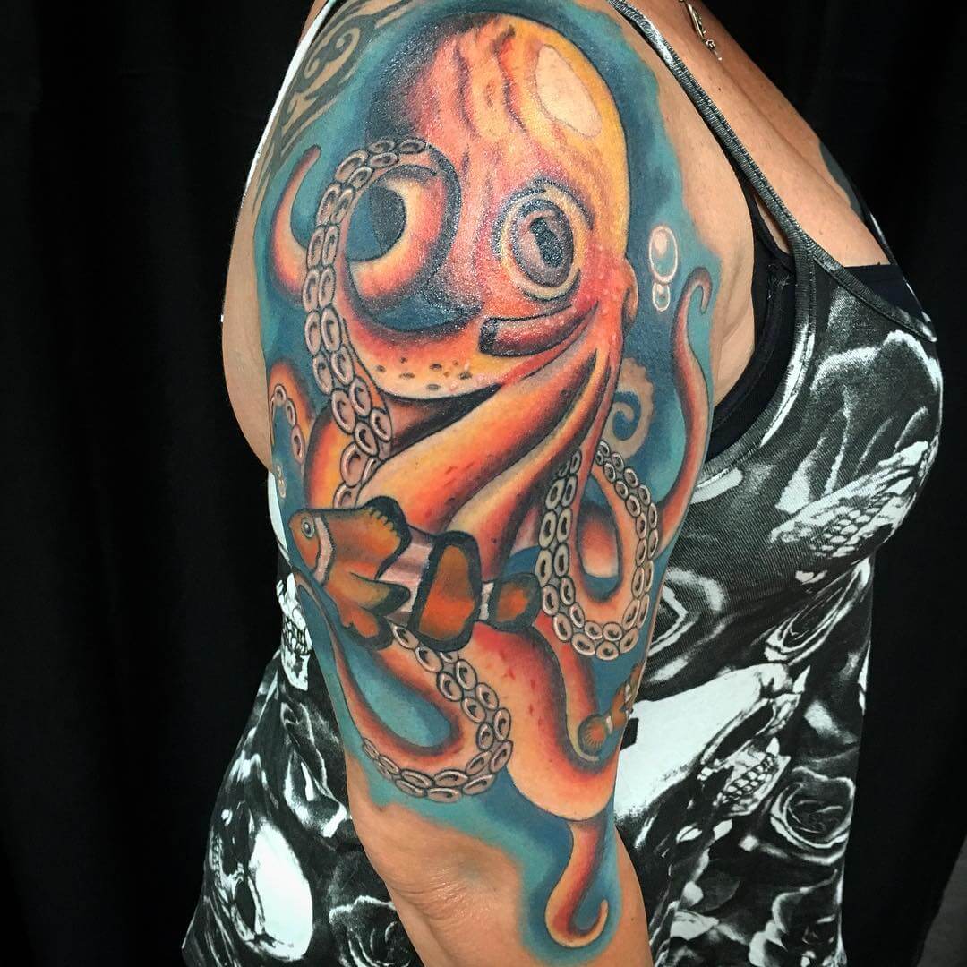 Realistic Octopus With Fish Tattoo On Women Right Half Sleeve