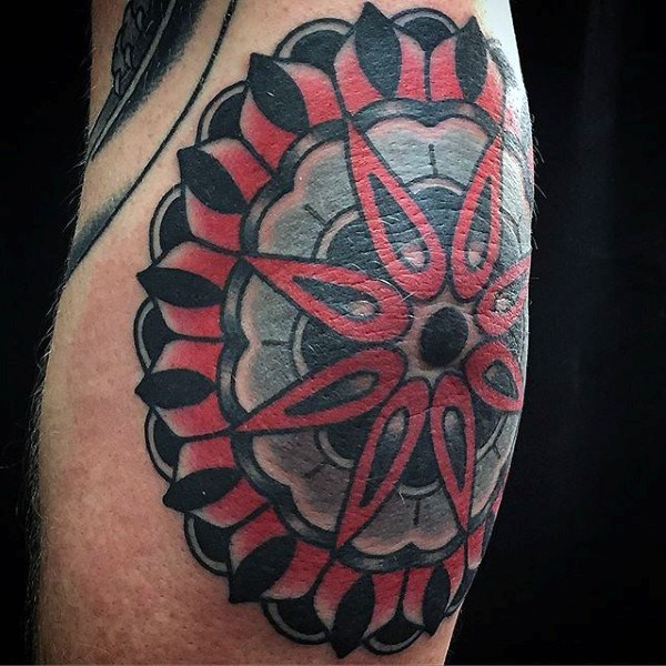 Red And Black Star Tattoo On Elbow For Men