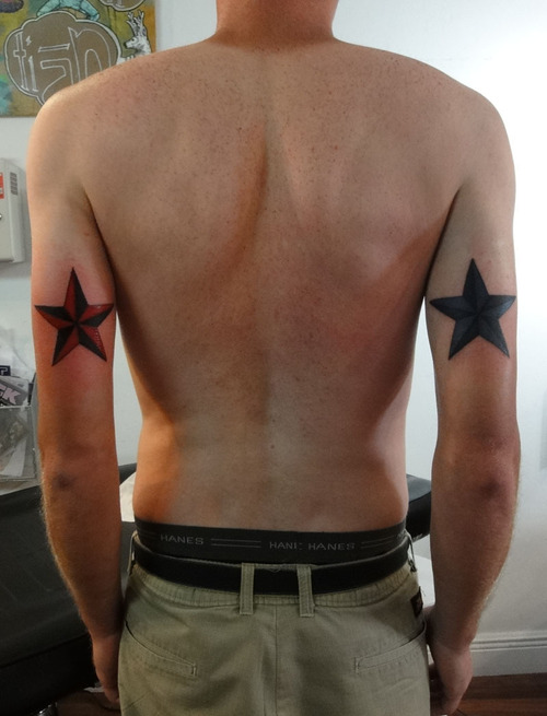 Red And Blue Nautical Stars Elbow Tattoos