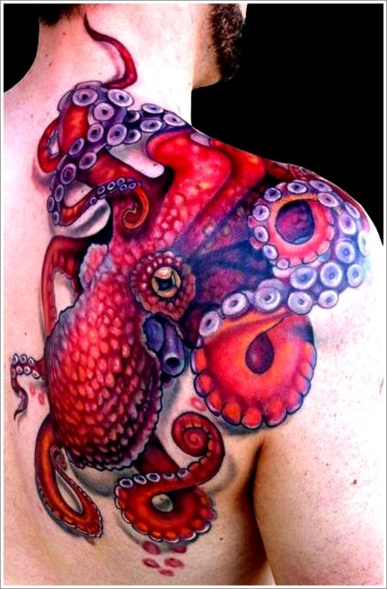 Red Ink Octopus Tattoo On Man Right Back Shoulder