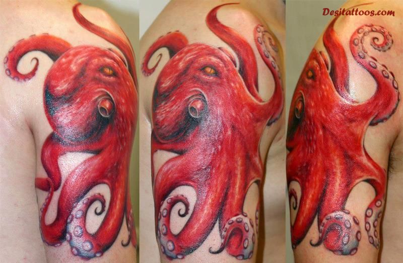Red Ink Octopus Tattoo On Man Right Half Sleeve