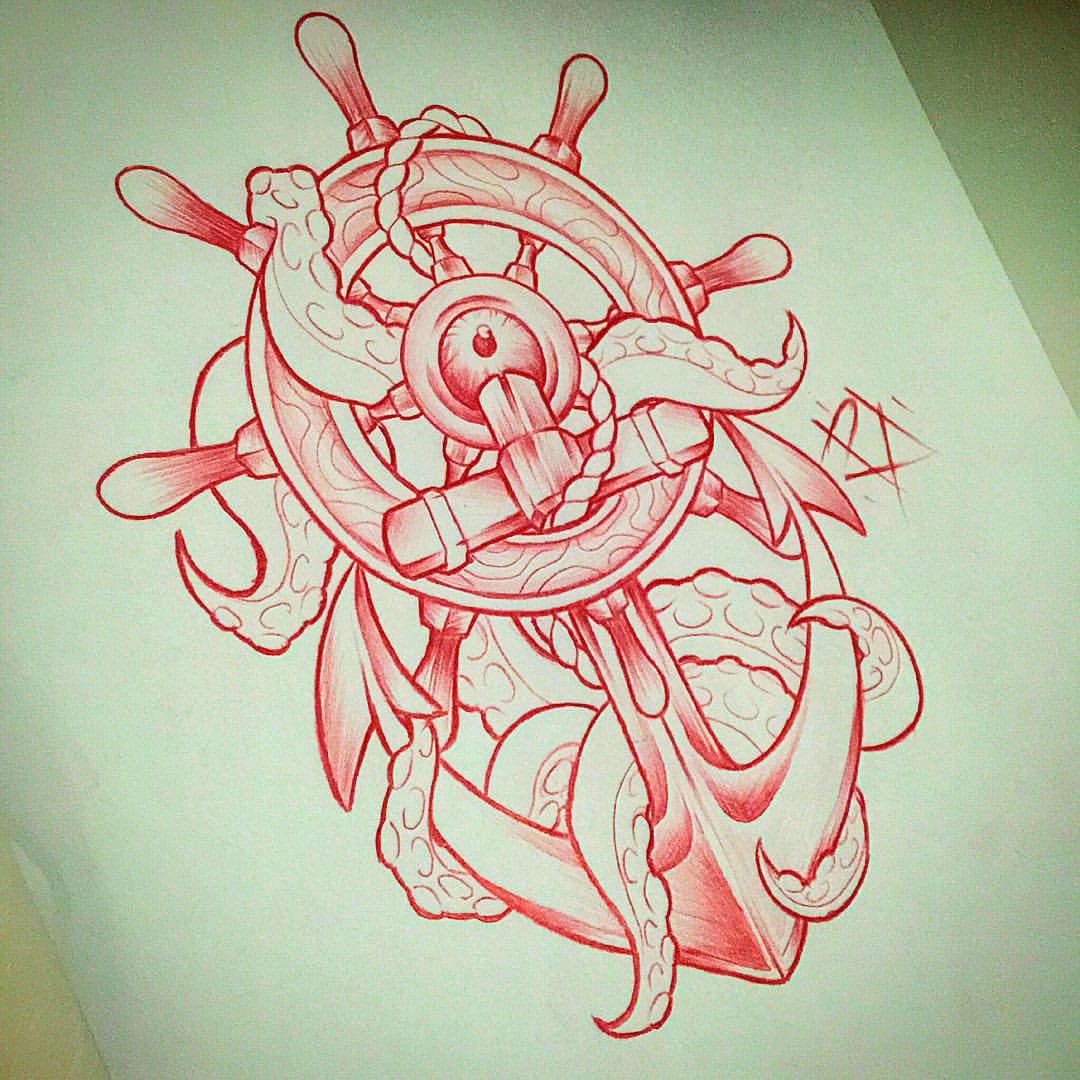 Red Ink Octopus With Anchor And Ship Wheel Tattoo Design
