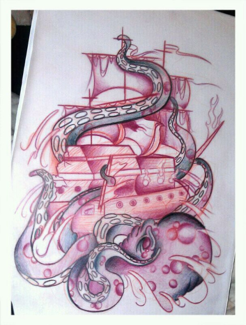 Red Ink Octopus With Ship Tattoo Design
