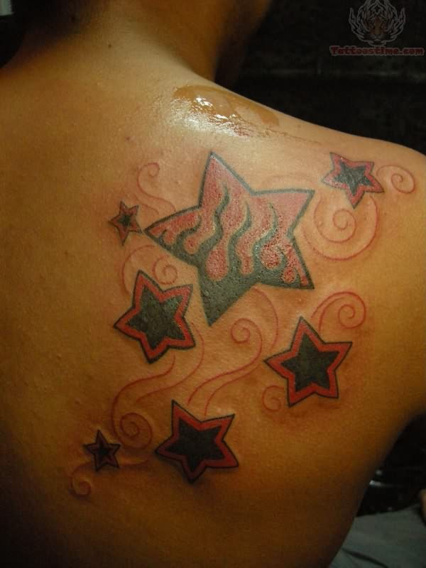 Right Back Shoulder Black And Red Star Tattoos