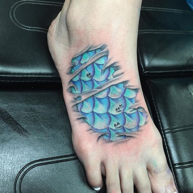 Ripped Skin Mermaid Scale Tattoo On Right Foot