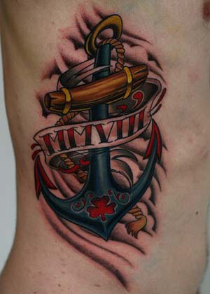 Ripped Skin Pirate Anchor With Banner Tattoo Design For Side Rib