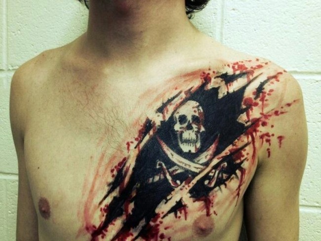 Ripped Skin Pirate Symbol Tattoo On Man Left Chest