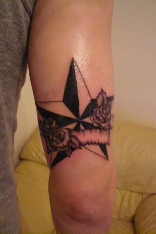 Rose Flowers And Nautical Star Tattoo On Bicep