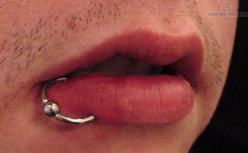 Side Labret Piercing With Silver Hoop Ring