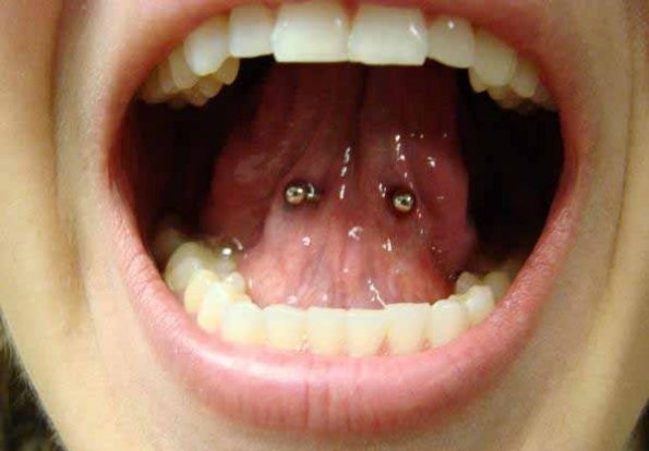 Silver Barbell Tongue Webbing Piercing