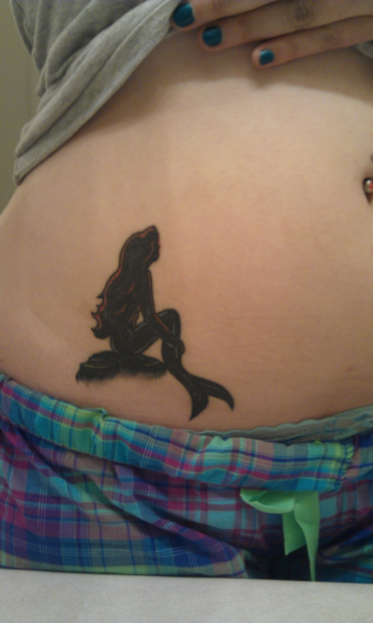 Simple Black Ink Mermaid Tattoo On Girl Right Hip