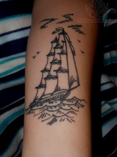 Simple Black Outline Pirate Ship Tattoo Design For Forearm