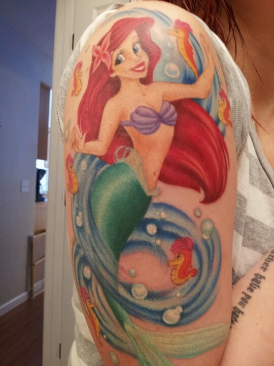 Simple Colorful Ariel Mermaid Tattoo On Right Half Sleeve