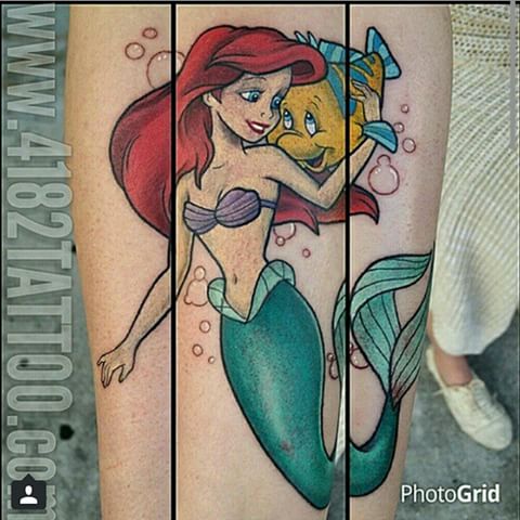Simple Colorful Ariel Mermaid With Fish Tattoo Design For Sleeve