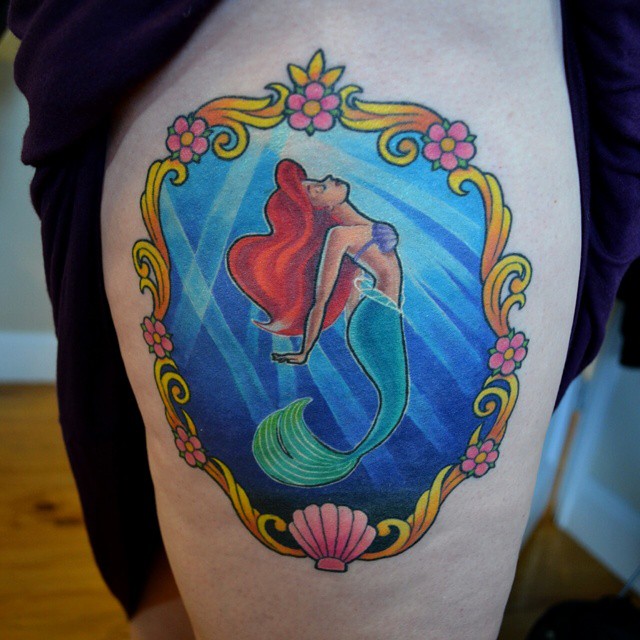 Simple Colorful Mermaid In Frame Tattoo On Right Side Thigh