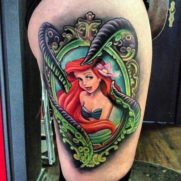 Simple Mermaid in Frame Tattoo On Right Side Thigh