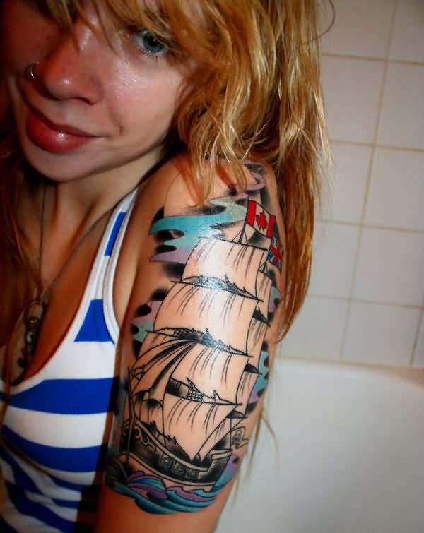 Simple Pirate Ship Tattoo On Girl Left Half Sleeve