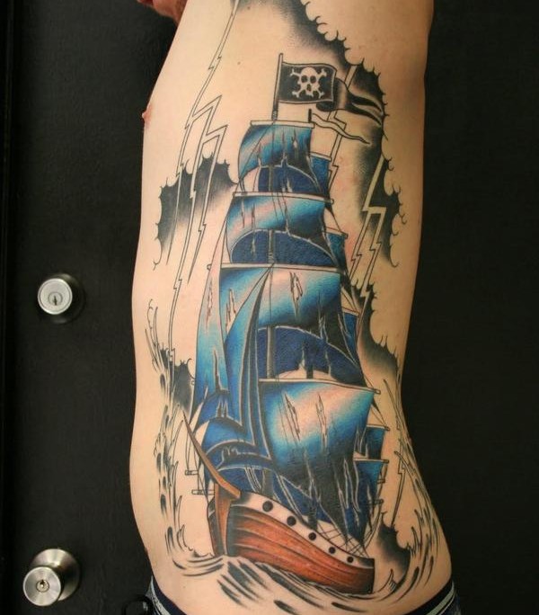 Simple Pirate Ship Tattoo On Man Left Side Rib