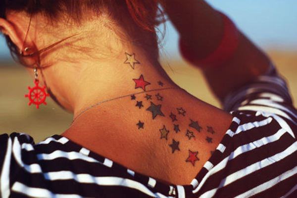 Small Colored Star Tattoos On Girl Nape