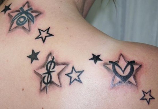 Star Tattoos On Girl Upper Back