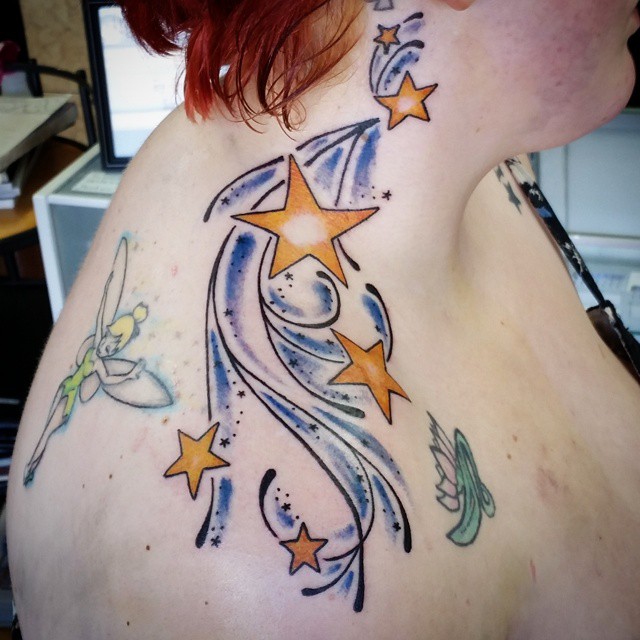 Star Tattoos On Girl Upper Shoulder