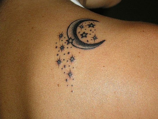 Stars And Moon Tattoos On Back Shoulder