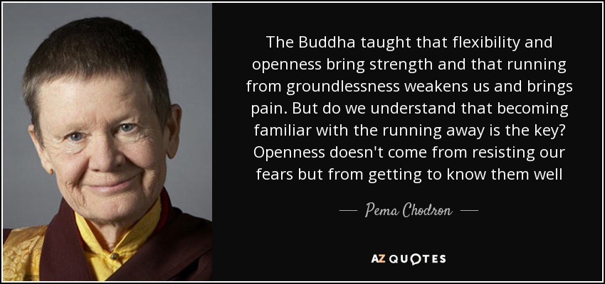 The Buddha taught that flexibility and openness bring strength and that running from groundlessness weakens us.. Pema Chodron